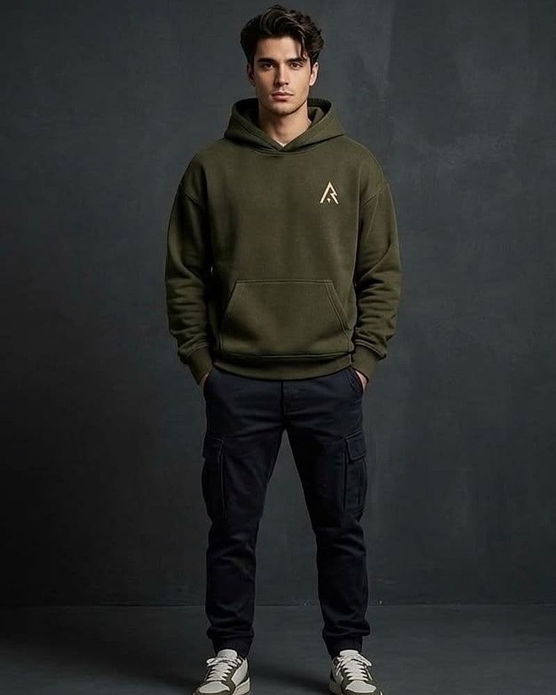 ATHR Olive Green Roots  Hoodie in Olive Green — worn, front view