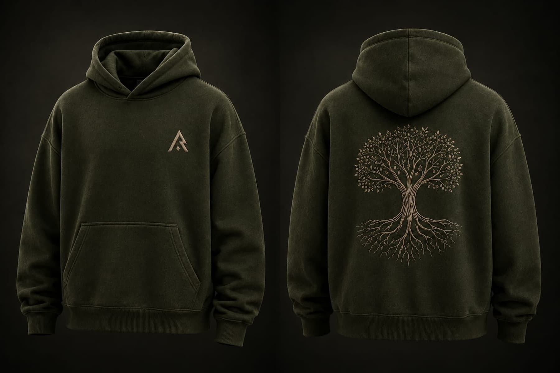 ATHR Olive Green Roots  Hoodie in Olive Green — front and back