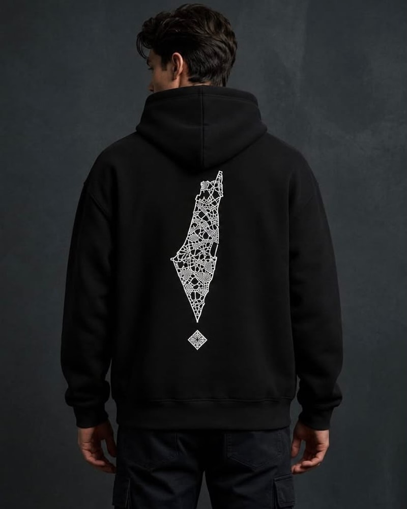 Black hoodie, worn · back