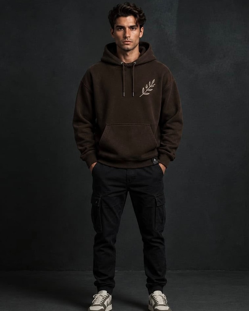 Brown hoodie, worn